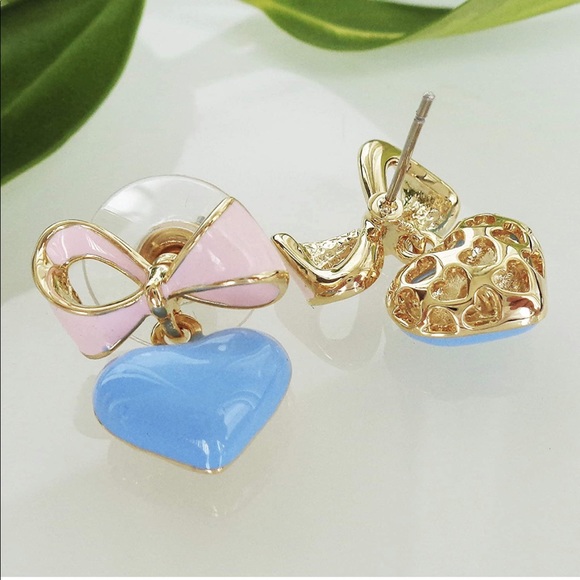 🎀NEW 18K Gold Plated Bow Heart Candy Enamel Stud Earrings Pink & Blue - Picture 4 of 6